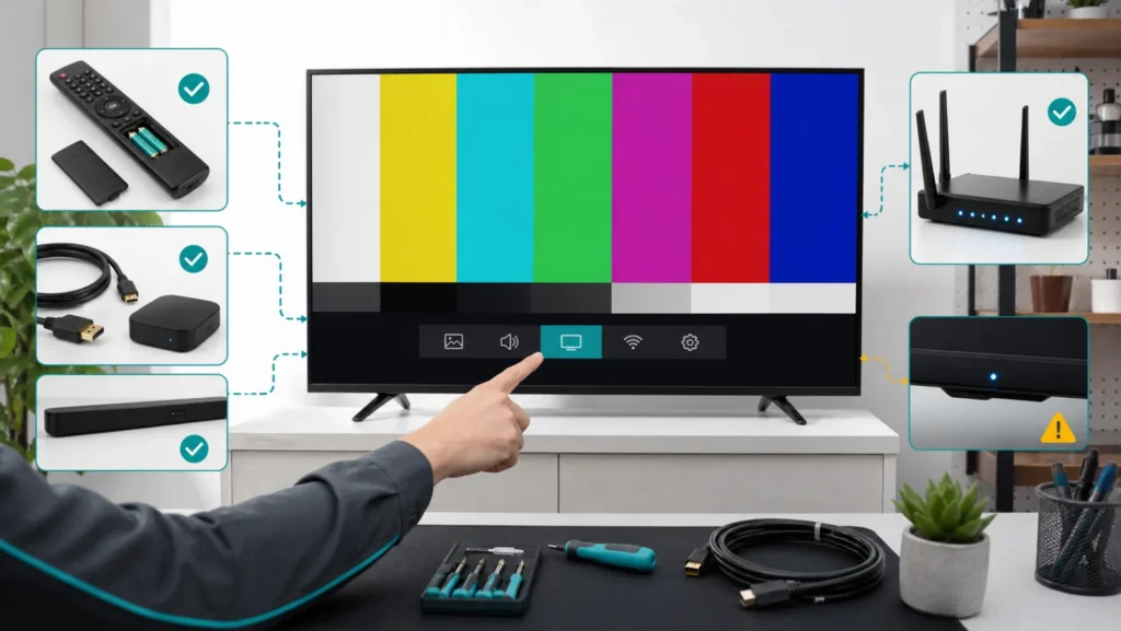 تلفزيون يعرض اختبار صورة محاطاً بمسارات تشخيص الريموت وHDMI والصوت والشبكة والطاقة