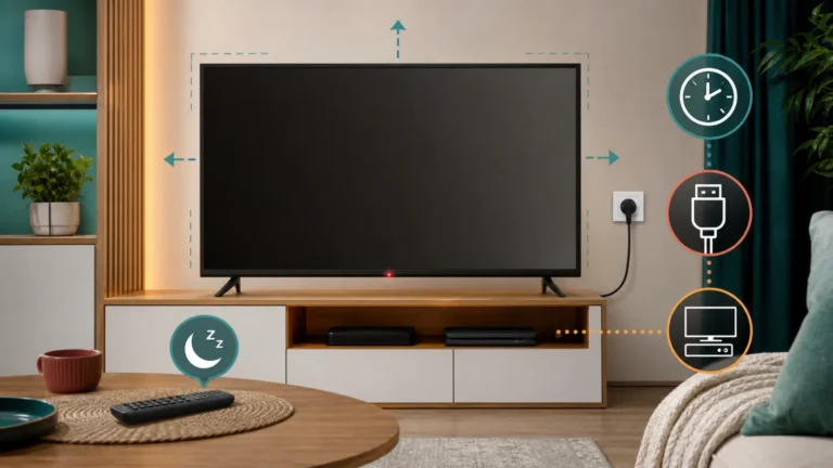 تلفزيون منطفئ مع مؤقت النوم وكابل HDMI ومقبس الطاقة ومساحة تهوية