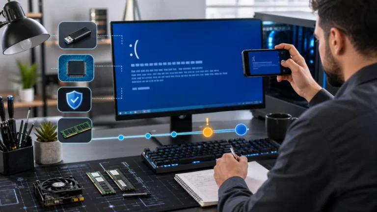 فني يصور Stop Code في شاشة Windows ويقارن قطعة جديدة وتعريفًا وSafe Mode وRAM