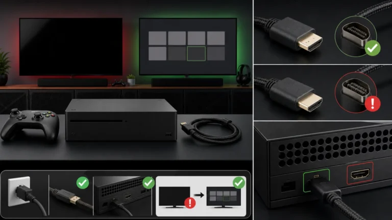 جهاز ألعاب مع شاشة سوداء واختبار كابل HDMI ومنفذ صحيح ووضع دقة منخفضة
