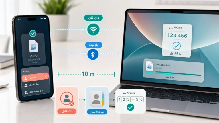 آيفون وماك متصلان عبر Wi-Fi وBluetooth مع مسافة 10 أمتار وجهات الاتصال ورمز AirDrop