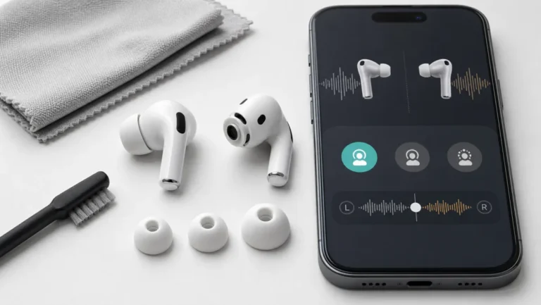 سماعتا AirPods Pro مع أطراف سيليكون متعددة وشبكة ميكروفون ظاهرة وهاتف يعرض أوضاع التحكم بالضوضاء