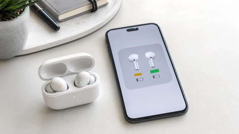 علبة AirPods مفتوحة قرب iPhone يعرض نسبة شحن مختلفة للسماعة اليمنى واليسرى