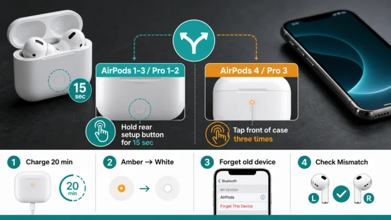 علبة AirPods بديلة مع مقارنة زر الإعداد الخلفي والنقر الأمامي وضوء كهرماني ثم أبيض