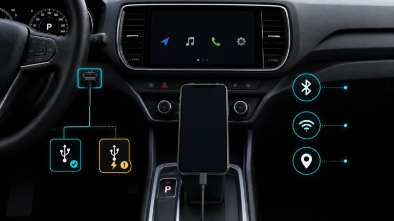 سيارة متوقفة وهاتف Android مع اختبار منفذ USB لنقل البيانات مقابل الشحن فقط وأيقونات Bluetooth وWi-Fi والموقع