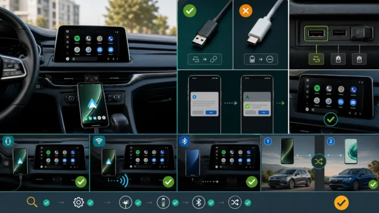 Car display and Android phone comparing USB data cable, charging cable, permissions, wired and wireless tests