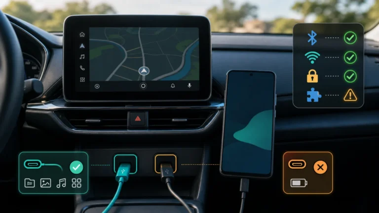 Pantalla de coche y teléfono comparando cable USB de datos, Bluetooth, Wi-Fi, permisos y compatibilidad