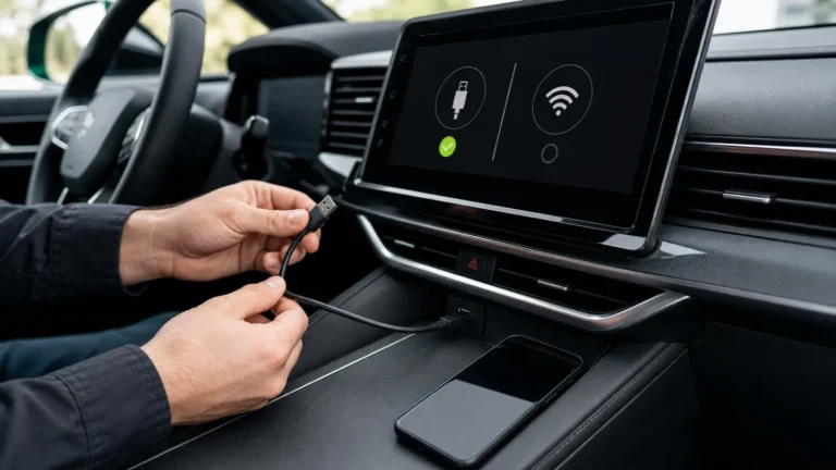 Test d’un câble USB de données et de la connexion sans fil Android Auto sur l’écran d’une voiture