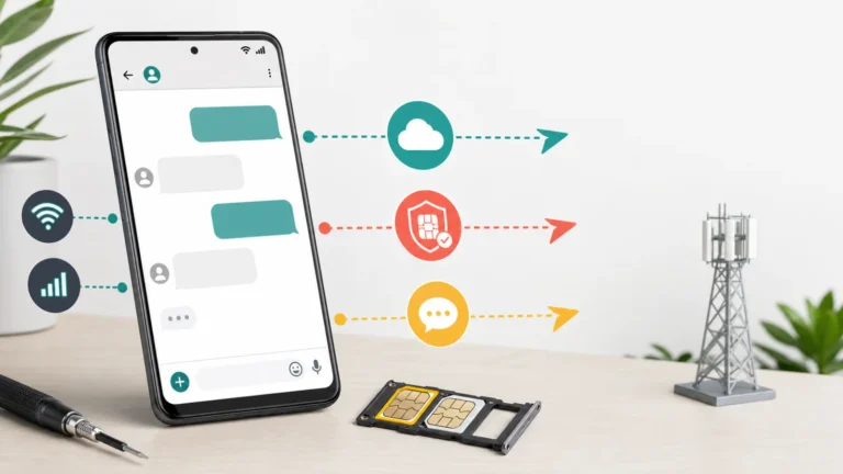 هاتف Android يعرض مسارات رسائل عبر البيانات والتحقق من الشريحة والرجوع إلى SMS قرب شريحتي اتصال وبرج شبكة
