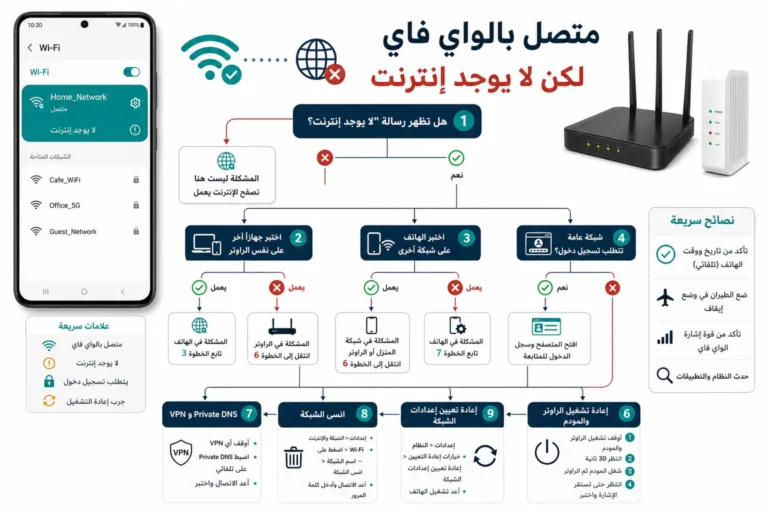 هاتف Android متصل بالواي فاي ولا يوجد إنترنت مع اختبار جهاز آخر وشبكة أخرى والراوتر وVPN وPrivate DNS وإعادة الشبكة أخيرًا