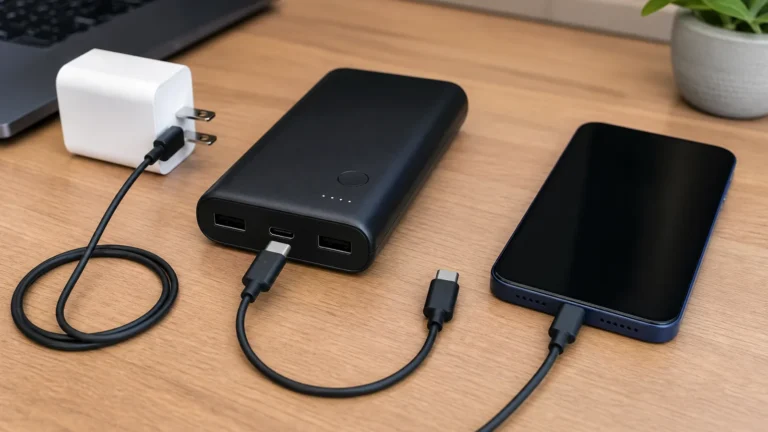 باور بانك بمنافذ USB-C وUSB-A مع شاحن حائط وهاتف وكابلات لاختبار الإدخال والإخراج