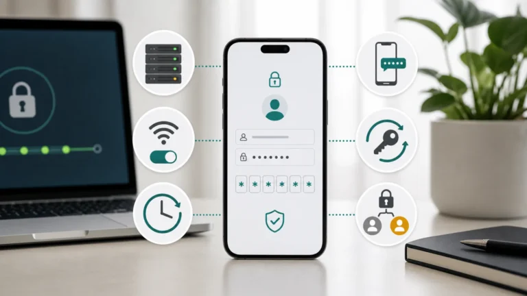شاشة تسجيل دخول آمنة إلى Apple Account مع فحص حالة الخادم وWi-Fi والوقت ورمز التحقق وكلمة المرور والحساب المقفل