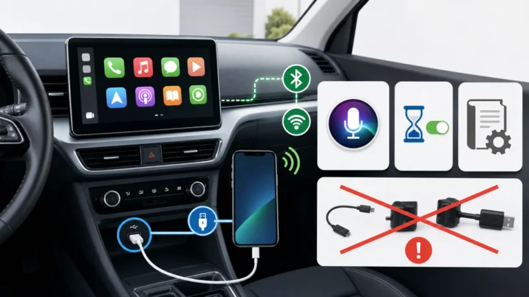 Coche detenido con diagnóstico de Apple CarPlay por cable USB Wi-Fi Bluetooth Siri y firmware