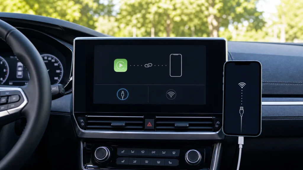 Wired and wireless CarPlay connection checks inside a parked car