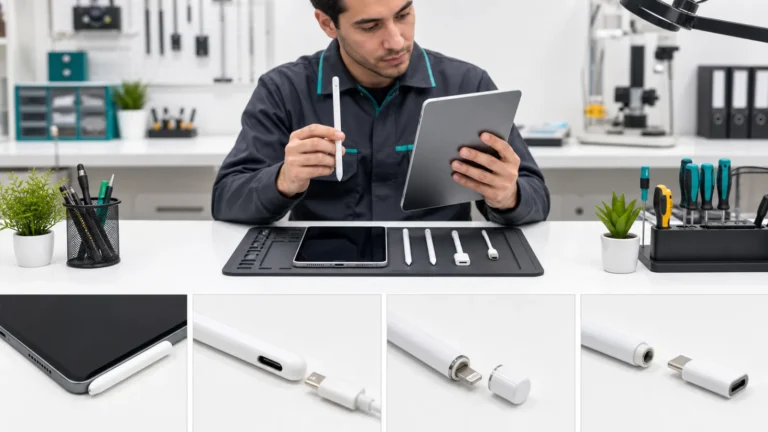 جهازا iPad وأربعة أقلام رقمية مع طرق الاتصال المغناطيسي وUSB-C وLightning والمحول