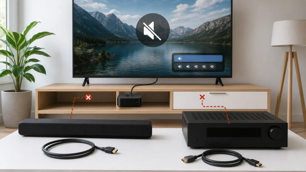 Apple TV reliée directement à un téléviseur avec menu de sortie audio câble HDMI et barre de son