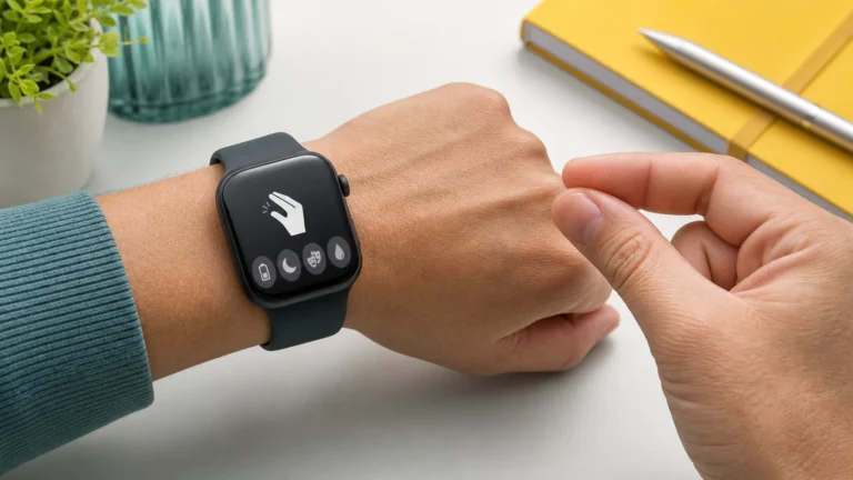 Apple Watch على المعصم مع يد تنفذ حركة Double Tap وأيقونات أوضاع الطاقة والنوم والمسرح والماء