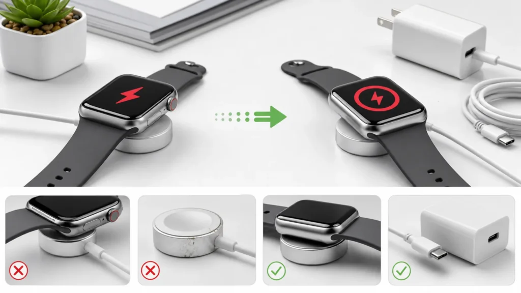 Apple Watch على شاحن مغناطيسي مع مقارنة البرق الأحمر والبرق داخل حلقة واختبار الكابل والمحول