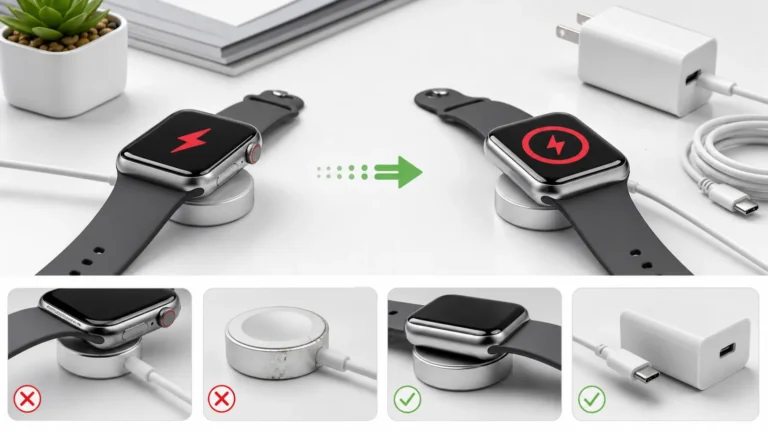 Apple Watch على شاحن مغناطيسي مع مقارنة البرق الأحمر والبرق داخل حلقة واختبار الكابل والمحول