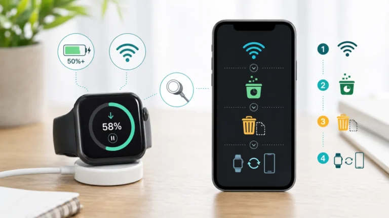 Apple Watch على الشاحن أثناء تحديث متوقف مع شحن فوق 50 بالمئة وWi-Fi ومساحة وحذف ملف التحديث ثم إعادة الاقتران كآخر حل