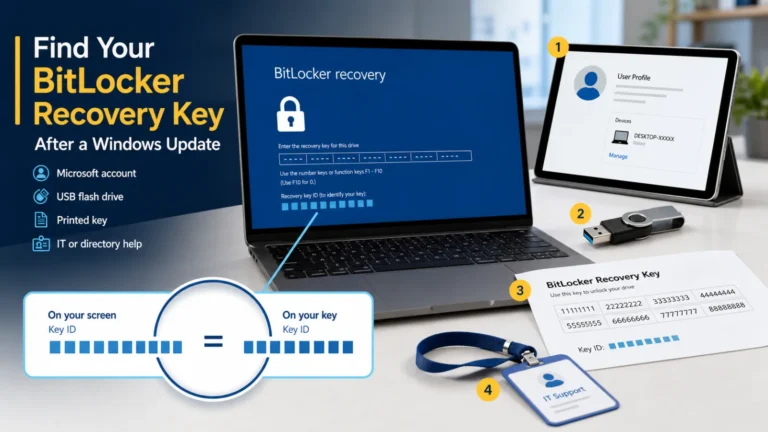 Laptop on a BitLocker recovery screen beside account, USB, printed key and IT records with matching key ID blocks