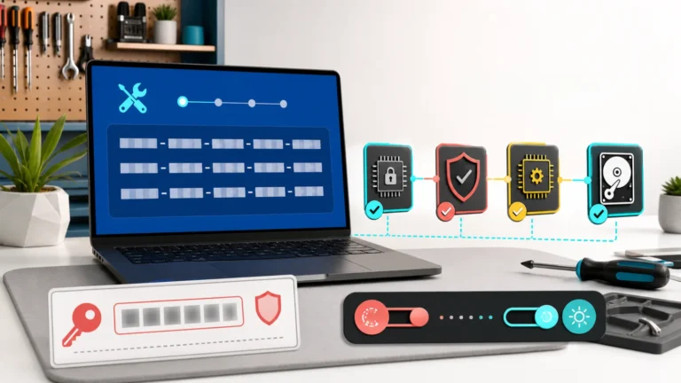 لابتوب يعرض شاشة استرداد مشفرة وبطاقة Key ID ومسار TPM وSecure Boot وFirmware وقرص الإقلاع