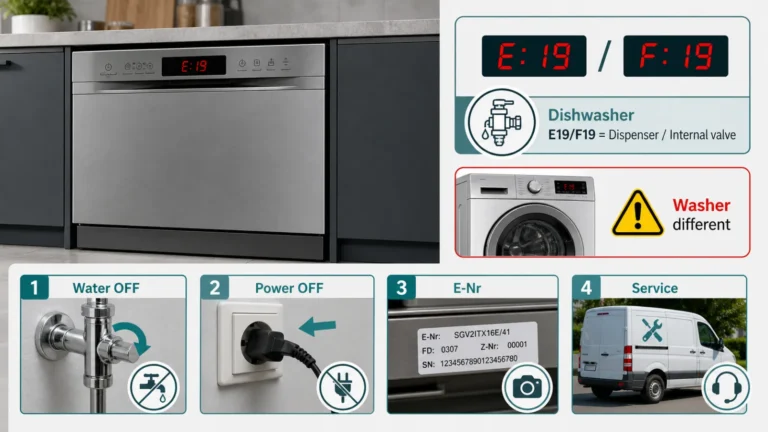 غسالة صحون تعرض Bosch E19 وF19 مع إغلاق الماء والطاقة وتسجيل E-Nr وطلب الخدمة