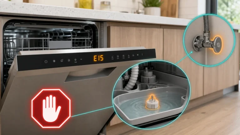 غسالة صحون تعرض Bosch E15 مع ماء في قاعدة الحماية وصنبور إغلاق دخول الماء