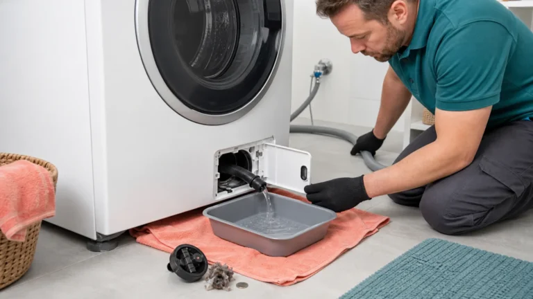 تصريف ماء غسالة Bosch بأمان من خرطوم الطوارئ مع فلتر وقطعة نقدية ووبر