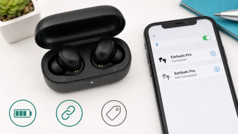 سماعات Bose داخل علبة الشحن وهاتف يعرض اتصال Bluetooth مع فحص الموديل والتلامس