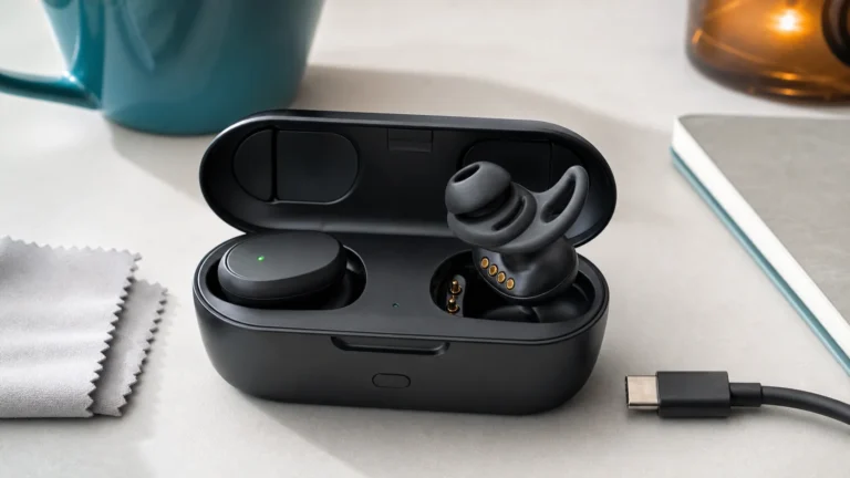علبة Bose QuietComfort مفتوحة تظهر سماعة مستقرة على نقاط الشحن وأخرى غير مصطفة مع ضوء الحالة