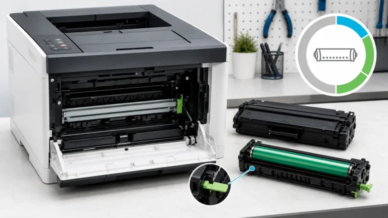 طابعة ليزر بغطاء أمامي مفتوح مع خرطوشة Toner ووحدة Drum خضراء منفصلتين ولسان Corona وعداد عمر دائري