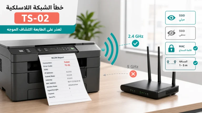 طابعة تعرض WLAN Report بخطأ TS-02 مع راوتر وشبكة 2.4GHz وSSID ظاهر وقائمة سماح MAC