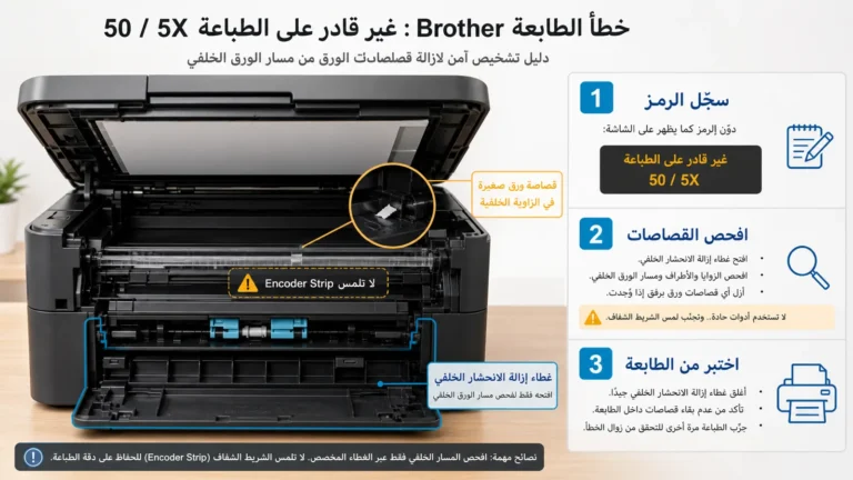 طابعة متعددة الوظائف مفتوحة بأمان مع قصاصة ورق صغيرة وموضع Encoder Strip وخطوات فحص 50 و5X