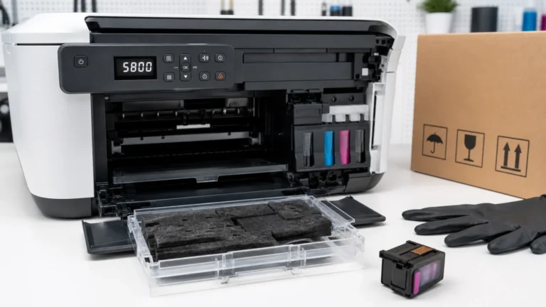 Impresora Canon con código 5B00 junto a absorbedores de tinta y herramientas de servicio