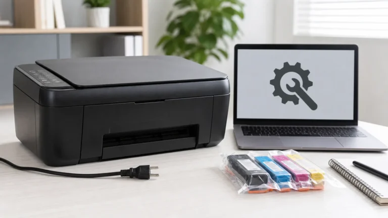 Powered-off inkjet printer with unplugged cord service symbol and unopened cartridges
