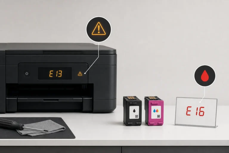 طابعة تعرض E13 وE16 مع خرطوشتي حبر ومسار تشخيص الفرق بين Canon 1686 و1688