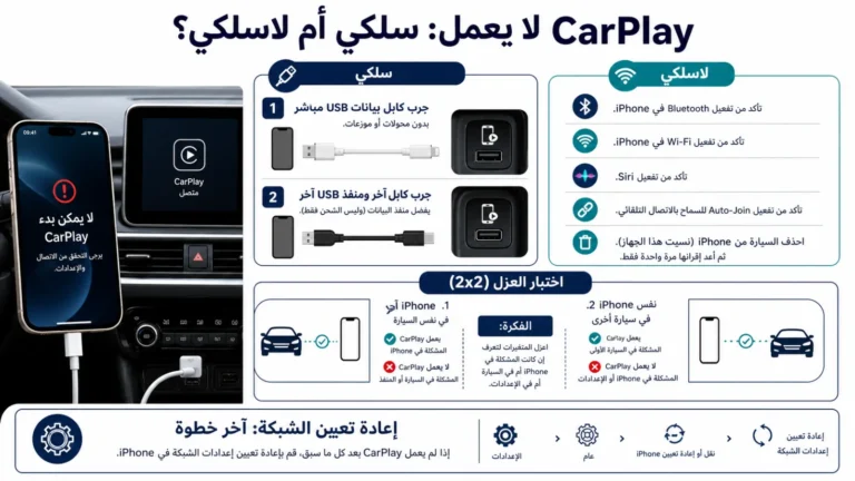 CarPlay لا يعمل مع مقارنة الاتصال السلكي بكابل بيانات ومنفذ USB واللاسلكي عبر Bluetooth وWi-Fi وSiri واختبار هاتفين وسيارتين