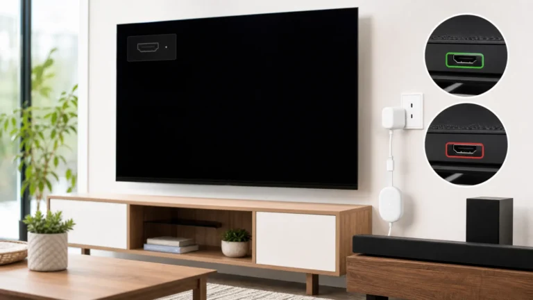 تلفزيون بشاشة سوداء مع جهاز بث موصول بطاقة مباشرة ومقارنة منفذي HDMI ومسار ساوندبار متجاوز
