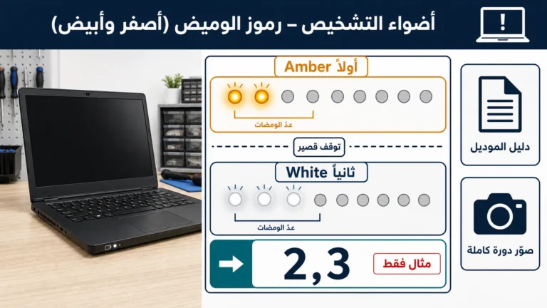 طريقة قراءة وميض Dell التشخيصي بعدد ومضات amber ثم white ومطابقته مع دليل الموديل قبل الصيانة