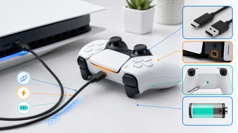 يد ألعاب شبيهة DualSense موصولة بكابل USB-C مع ضوء برتقالي ومؤشرات Rest Mode وReset والبطارية