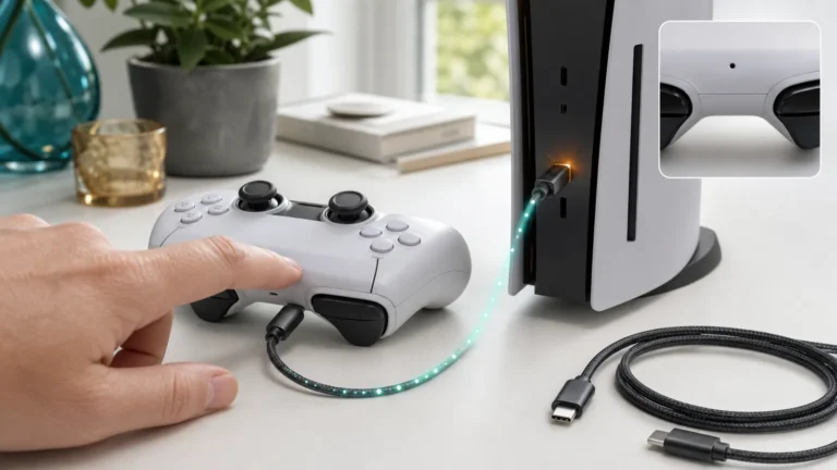 Game controller connected directly to a console with a USB data cable during pairing