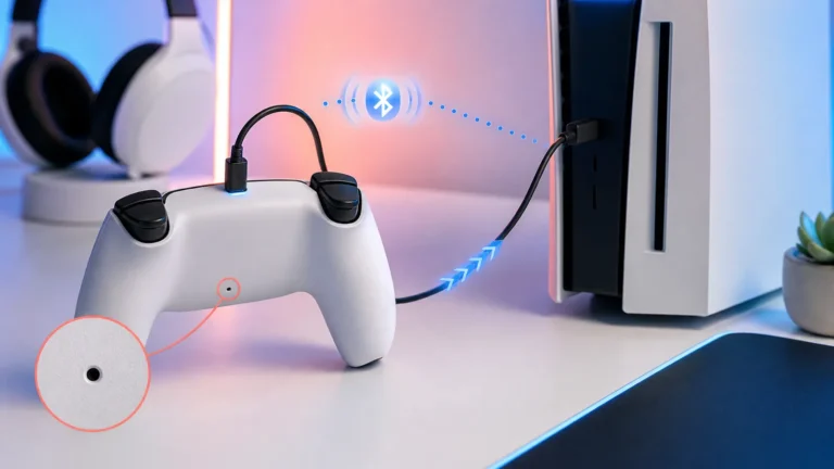 Mando inalámbrico blanco conectado por cable USB de datos a consola con Bluetooth y botón de reset señalados