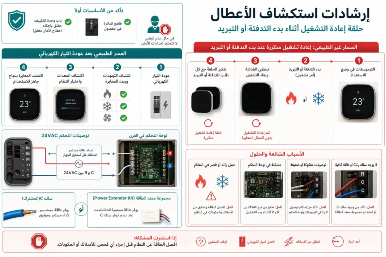 ترموستات ecobee يعيد التشغيل ويظهر Calibrating عند بدء التدفئة أو التبريد مع فحص 24VAC وسلك C وPEK وقاطع HVAC والباب