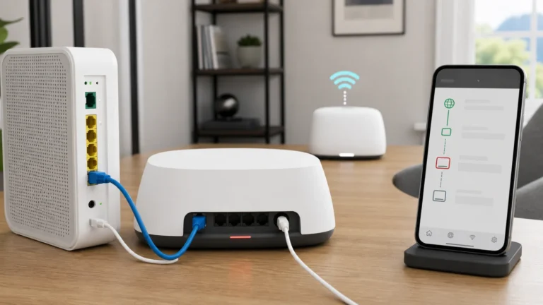 مودم أو ONT متصل بجهاز eero Gateway أحمر وعقدة mesh بيضاء مع تشخيص WAN في التطبيق