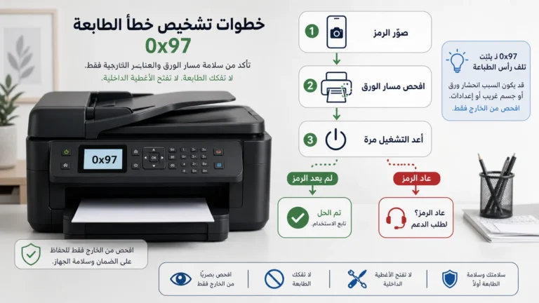 طابعة متعددة الوظائف تعرض 0x97 مع مسار قرار لتصوير الرمز وفحص الورق وإعادة التشغيل وطلب الدعم
