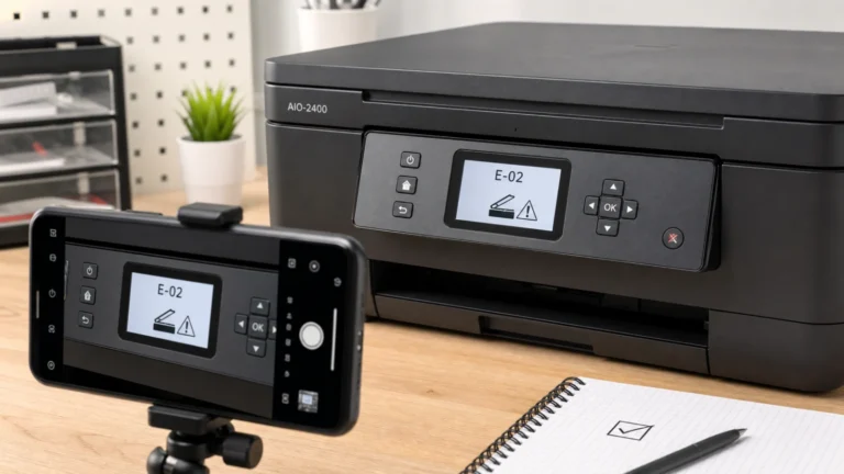 طابعة متعددة الوظائف تعرض Epson E-02 مع رمز الماسح وهاتف يصور الرسالة قبل التشخيص