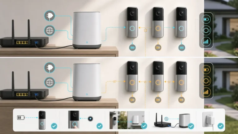 HomeBase متصل بالراوتر والطاقة مع ثلاث كاميرات واختبار حالة كاميرا واحدة مقابل تعطل جميع الكاميرات والبطارية والمسافة