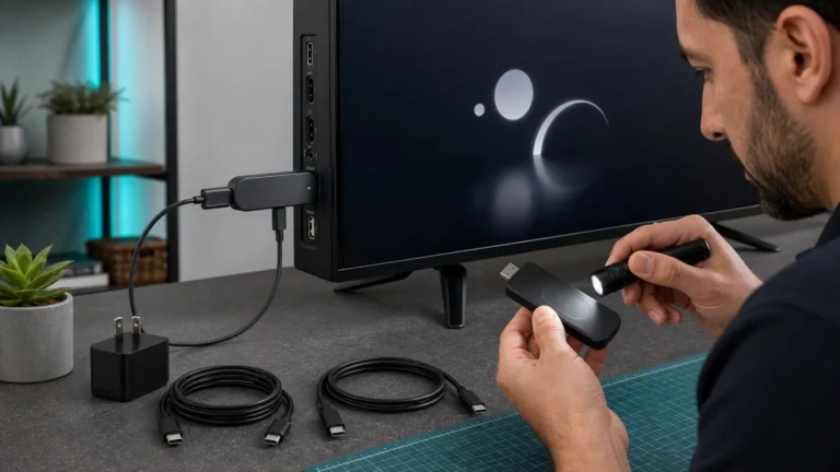 فحص موديل جهاز بث عالق على شاشة الإقلاع وطريقة الطاقة ومنفذ HDMI المباشر