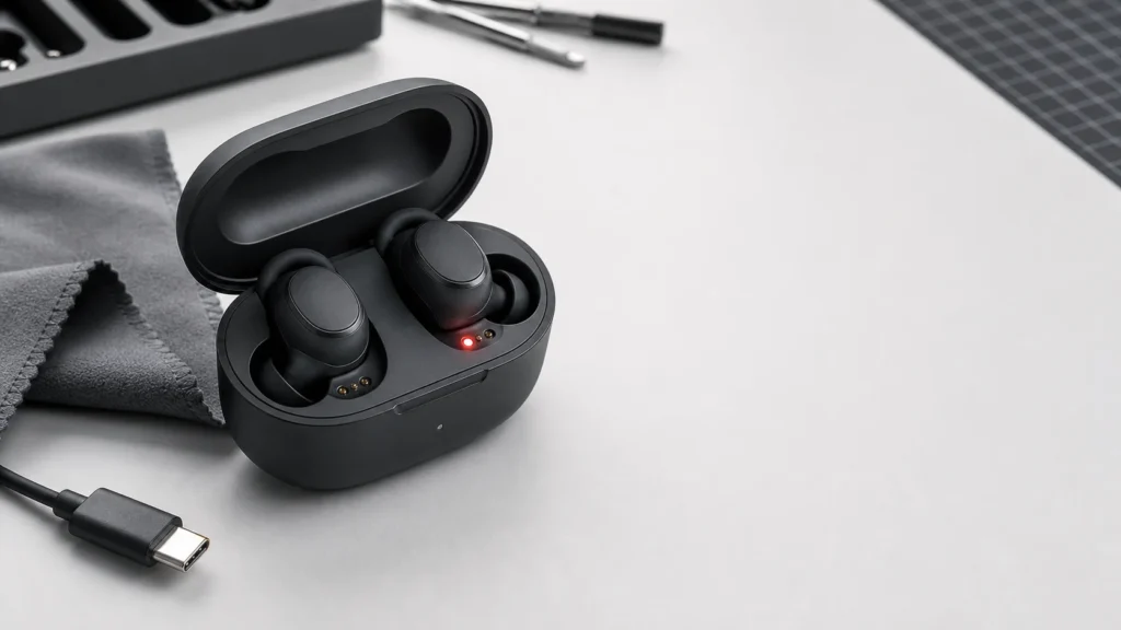 علبة سماعات لاسلكية مفتوحة توضح نقاط شحن Galaxy Buds واللمبة الحمراء وكابل USB-C أثناء التشخيص